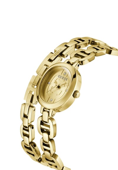 Guess Vivian Quartz Analoog Horloge Goudkleurig Kast Gemaakt Van 100% Roestvrij Staal En Een Armband Van 100% Roestvrij Staal 21 mm GW0940L2