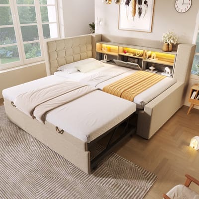 STILVORA Gestoffeerd bed 90x200cm – Eenpersoonsbed met Uitschuifbed 90x190cm & LED – Hoofdeinde met USB-laders – Linnen/Metaal – Beige – Zonder matras
