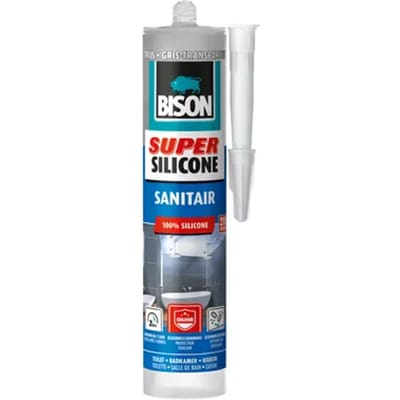 Bison Super Silicone Sanitair transparant grijs koker 300 ml, waterbestendige siliconenkit, langdurige kleurbescherming, ongevoelig voor schimmel