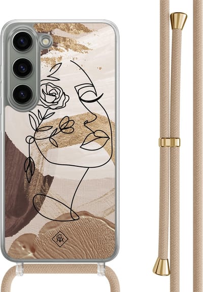 Casimoda® hoesje met beige koord - Geschikt voor Samsung S23 - Abstract Gezicht Bruin - Afneembaar koord - TPU/polycarbonaat - Bruin/beige