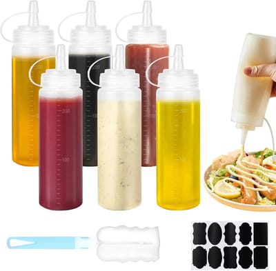 Famanu – Knijpfles set van 6, 250 ml, kunststof sausdispensers met dop en reinigingsborstel