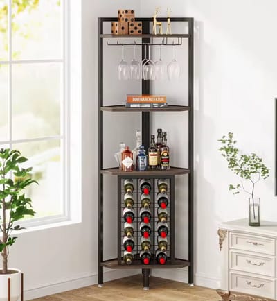 Industrieel Hoek Wijnrek met Glashouder - 163cm Hoog - Barmeubel voor 18 Flessen - Vintage Bruin/Zwart