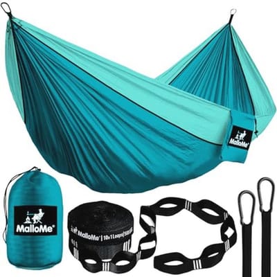 MalloMe Eenpersoons hangmat (285 x 140 cm) ultralichte reis-campinghangmat voor outdoor 2 personen of 1 kinderen en volwassenen ademend waterdicht parachutenylon, incl. premium karabijnhaken