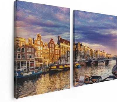Artaza Canvas Schilderij Tweeluik Amsterdamse Gracht In De Nacht Met Sterren - 120x80 cm - Wanddecoratie Woonkamer - Schilderijen - Muurdecoratie