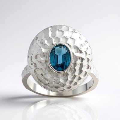 Cavill - Zilveren Ring - 925 Sterling Zilver Platina Geplateerd - Petrol Kyaniet 0,842 ct Ovaal - Moderne Gehamerde Ring - Dames Sieraad