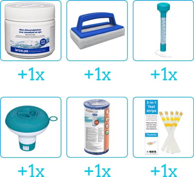 Zwembad Onderhoudspakket - Onderhoud Zwembad - bevat Chloor - Scrubborstel - Thermometer - Chloordrijver - Filter en Testrips (6-delig)
