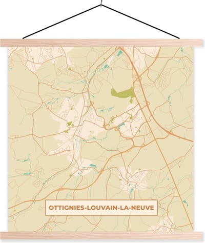 Posterhanger incl. Poster 40x40 cm - Schoolplaat - Vintage - Plattegrond - Kaart - Ottignies-Louvain-la-Neuve - Stadskaart - Textielposter - Blanke latten - Stadskaart