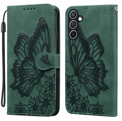 BoekCover Etui Hoes geschikt voor Samsung Galaxy A26 - A16 - A17 - Groen - Vlinder - Reliëf