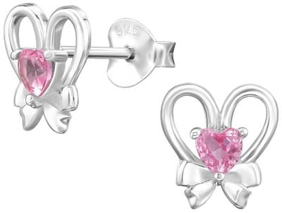 Joy|S - Zilveren hartje oorbellen met strikje - 7.8 x 8.3 mm - roze hartje zirkonia - oorknoppen - sterling zilver 925