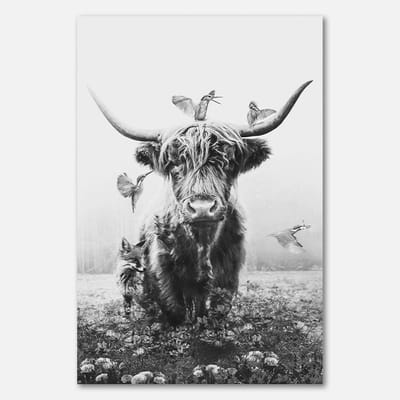 Poster op Papier - 40 x 60 cm - Schotse hooglander met vogels in zwart-wit - PosterJunkie
