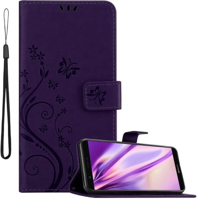 Cadorabo Hoesje geschikt voor Huawei P SMART 2018 / Enjoy 7S in BLOEMEN DONKER PAARS - Beschermhoes in bloemmotief met magnetische sluiting, standfunctie en kaartsleuven Book Case Cover Etui