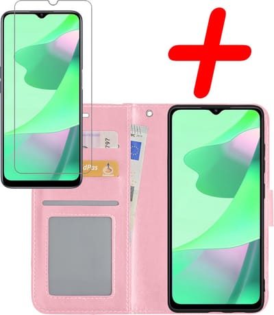 Hoesje Met Screenprotector - Geschikt voor OPPO A16s - Luxe Pasjeshouder - Bookcase Portemonee - Flip Case - Kunstleer Book Case - Flipcase - Book Cover - Walletcase - Portemonneehoes - Lichtroze
