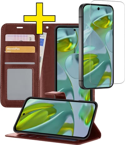 Hoesje - Met Screenprotector - Geschikt voor Google Pixel 9 - Luxe Pasjeshouder - Bookcase Portemonee - Flip Case - Kunstleer Book Case - Flipcase - Book Cover - Walletcase - Portemonneehoes - Telefoonhoesjes - Bruin