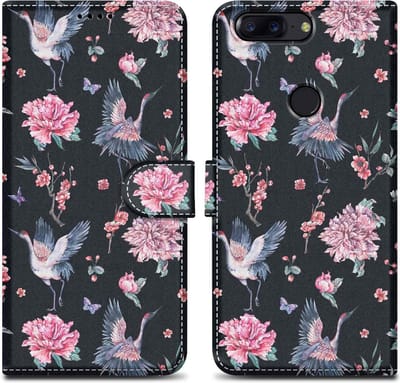 Cadorabo Hoesje geschikt voor OnePlus 5T - Design Kraan & Bloemen No. 9 - Beschermhoes Case Cover met magnetische sluiting, standaardfunctie en kaartvakje
