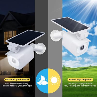 Buitencamera met LED solar schijnwerper, bewegingssensor, 360° draaibaar zonnepaneel, 2200 mAh, IP65, energiezuinig en weerbestendig.