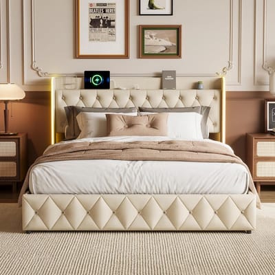 Bed 140 x 200 cm, met opbergruimte, gevoerd bed met ledverlichting en USB-stekker, tweepersoonsbed, 140 x 200 cm, led, met opberg- en oplader, modern, zacht, fluweel, zonder matras (beige B, 140 x 200
