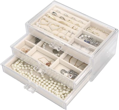 Unyqoos ® Sieradenopbergdoos Acryl Met Drie Laden En Zachte Fluwelen Voering, Perfect Voor Organisatie