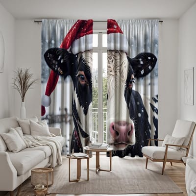 2 pièces Rideau décoratif Vache HD avec bonnet de Père Noël Rideau imprimé numérique à nouer blanc Style Décoration de maison Décorer le salon être W52H63inchW132H160cm black