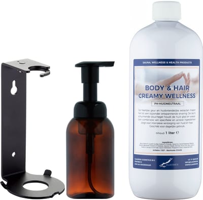 Zeepdispenser 300 ml amber bruin hervulbaar + 1 liter Body & Hair Creamy Wellness navulling (inclusief beugel)