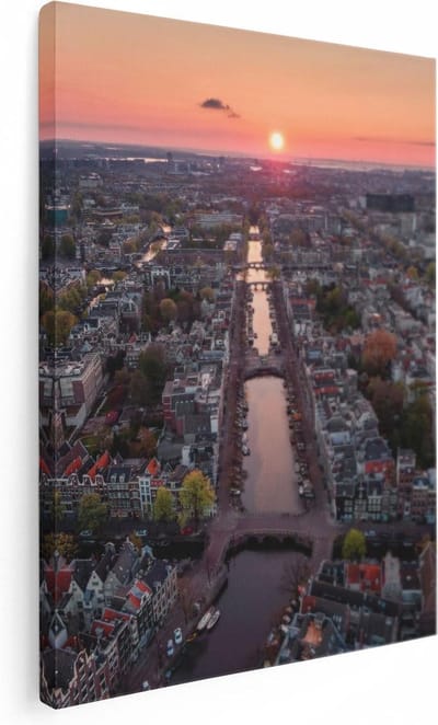 Artaza Canvas Schilderij Zonsondergang - 30x40 cm - Klein - Wanddecoratie Amsterdam - Muurdecoratie Skyline - Kamer Accessoires Grachten