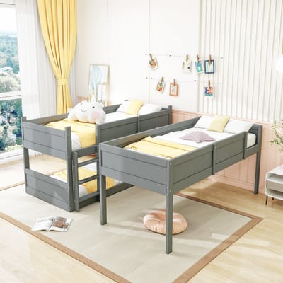 Stapelbed 90x200 cm - bed voor drie personen - hoogslaper - bed met hoge leuning - kinderbed - houten bed - grijs - zonder matras