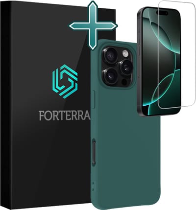 Hoesje Met Screenprotector - Geschikt voor Apple iPhone 16 Pro - Sterk & Shockproof - Telefoon Hoes - Back Cover - Siliconen Case - Donkergroen