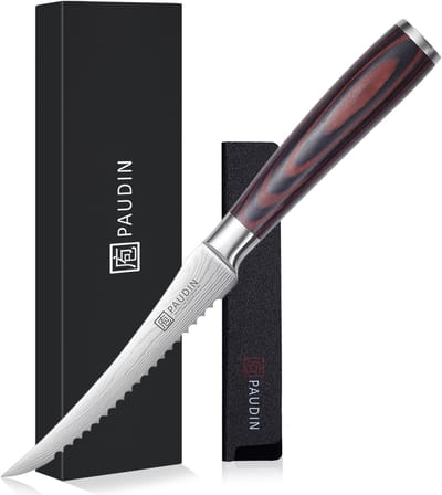 Paudin N15 - Tomatenmes - Groentemes - 12,5 cm Lemmet - Gekarteld Mes - Hoogwaardig Koolstofstaal - Damascus Patroon - Ergonomisch Handvat