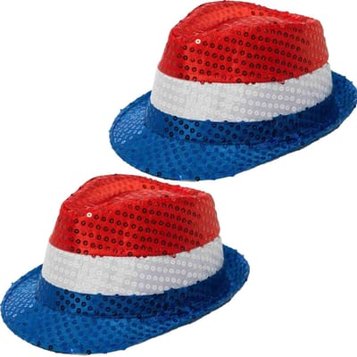 Partychimp Pailletten hoed - 2x stuks - rood/wit/blauw - volwassenen - gleufhoed Nederlandse/Hollandse vlag