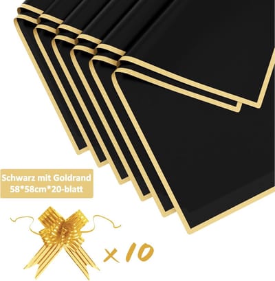 Boeket van 20 vellen cadeaupapier, waterdicht wikkelpapier, bloemenpapier met band, bloemenpapier voor geschenkverpakkingen, bloemen, kunst en handwerk (zwart, 58 x 58 cm)