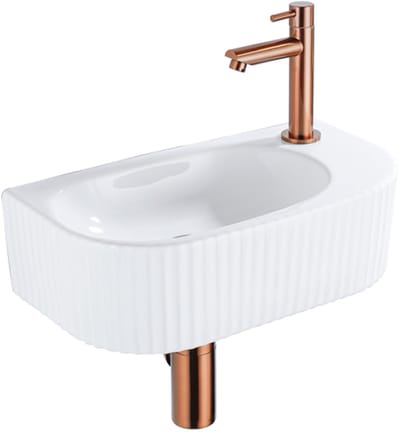 QeramiQ Blend fonteinset – halfrond – 40x21.5x12 cm – keramiek wit glans – geborsteld koperen kraan