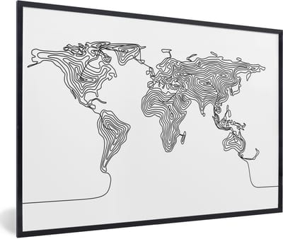 Poster in lijst - Fotolijst 90x60 cm - Posters - Wereldkaart - Zwart - Wit - Lijn - Posterlijst zwart - Decoratie - Wanddecoratie woonkamer - Muurdecoratie slaapkamer