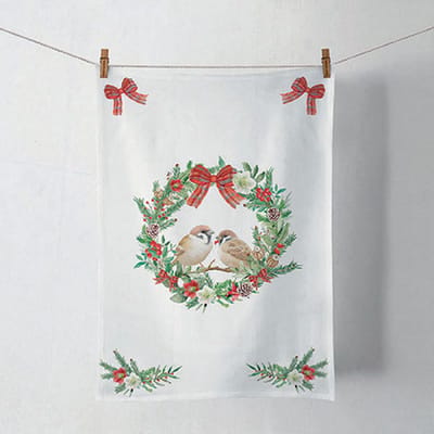 keukendoek-katoen-wasbaar-Ambiente-mussen in krans-sparrow in wreath-kerst-Christmas