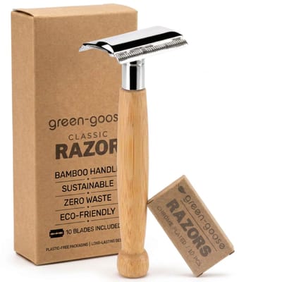green-goose® Bamboe Scheerset - Klassiek Scheermes - Inclusief 10 green-goose® Scheermesjes - Duurzaam - Milieuvriendelijk - Kosten Besparend