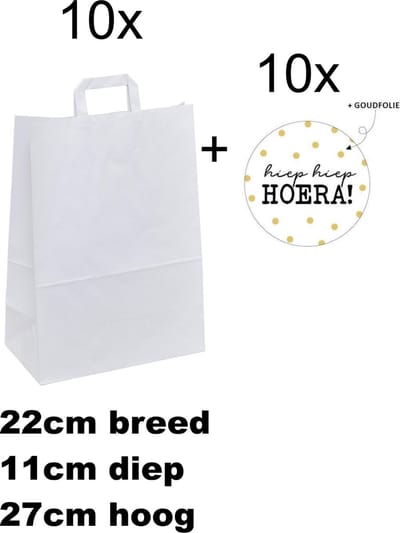 10x witte papieren draagtassen + 10 sluitstickers - Verjaardag - Uitdelen - Traktatie - Hiep Hiep Hoera - 22x11x27cm - 10 papieren tassen wit - Kraft Papieren Tasjes Met Handvat - Cadeautasjes met vlak handgrepen - Zakjes - Tasjes - Luxe