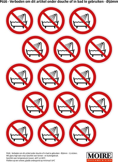 Pictogram sticker 75 stuks P026 - Verboden om dit artikel onder douche of in bad te gebruiken - 50 x 50mm - 15 stickers op 1 vel