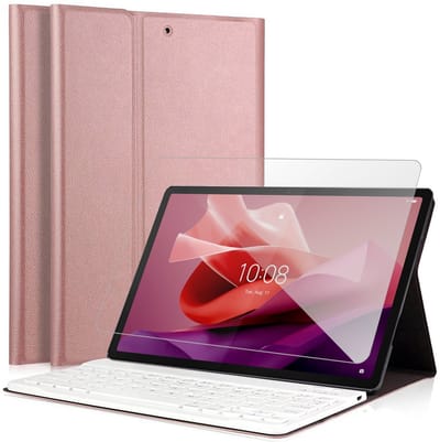 Hoes met toetsenbord geschikt voor Lenovo Tab P12 12.7 inch 2023 - Screen Protector GlassGuard - Keyboard Book Case Cover Hoesje Rose & Screenprotector