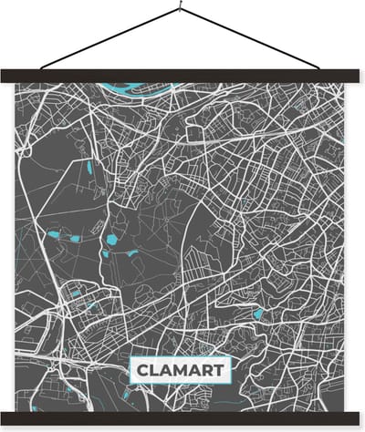 Posterhanger incl. Poster 60x60 cm - Schoolplaat - Clamart - Frankrijk - Plattegrond - Kaart - Stadskaart - Textielposter - Zwarte latten - Stadskaart