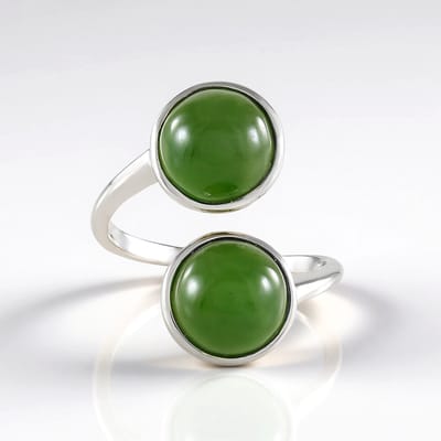 Cavill - Zilveren damesring - 925 Sterling zilver geplatineerd - 7,43 ct Canadese groene jade cabochon - Elegant flexibel design