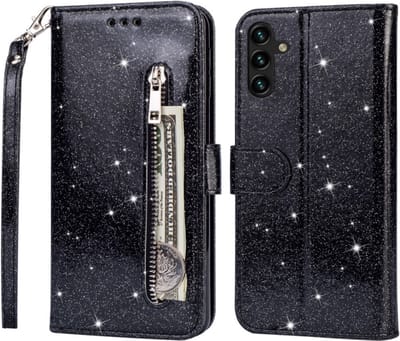 Portemonnee Hoesje - Wallet Case - Rits Sparkly Glitter - Telefoonhoes met Kord Geschikt voor: Samsung Galaxy A34 4G & 5G - Zwart