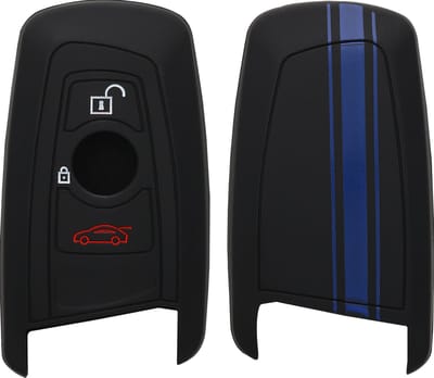 kwmobile autosleutel hoesje geschikt voor BMW 3-knops draadloze autosleutel (alleen Keyless Go) - Autosleutel behuizing in blauw / zwart - Rallystrepen design