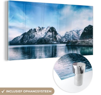 MuchoWow® Glasschilderij 40x20 cm - Schilderij acrylglas - Water - Bergen - Natuur - Foto op glas - Schilderijen