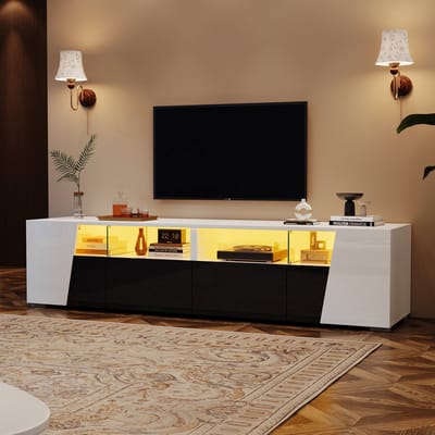 OKWISH TV-meubel – 2 deuren/2 lades – Met LED (Bluetooth-app) – Modern contrast opbergruimte – MDF+Glas Wit+Zwart – 180x38,5x45 cm – Geschikt voor 80 inch