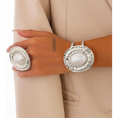 Vintage Parel Metaal Manchet Armbanden Ringen Set Voor Vrouwen Punk Geometrisch Goud koper Kleur Grote Nieuwe Hip Hop Sieraden Set brown