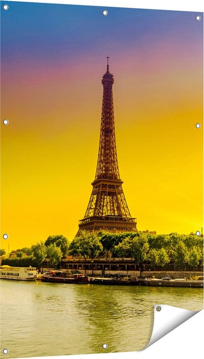 Gards Tuinposter Eiffeltoren in Parijs tijdens Zonsopgang - 80x120 cm - Tuindoek - Tuindecoratie - Wanddecoratie buiten - Tuinschilderij