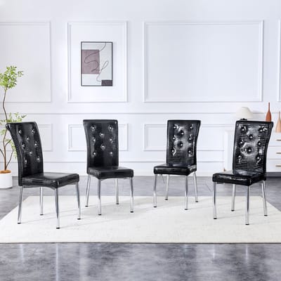 Wishdor - Eetkamerstoelen Set Van 4 - Gestoffeerd Met Reliëf En Kristalknopdetails - Waterafstotend En Met Verstelbare Voetdoppen - Retro Ontwerp Voor Eetkamer Of Keuken - Metaal En PVC - Zwart