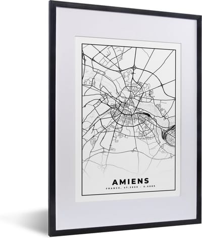 Fotolijst incl. Poster Zwart Wit- Plattegrond - Amiens - Kaart - Frankrijk - Stadskaart - Zwart wit - 30x40 cm - Posterlijst