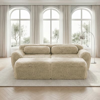 Botloze bank - modulaire slaapbank met 2 voetenbankjes - tweepersoonsbank - geen montage nodig - woonkamerbank - lichtkaki