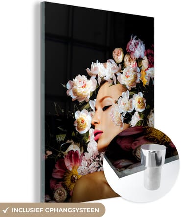 MuchoWow® Glasschilderij 30x40 cm - Schilderij acrylglas - Vrouwen - Bloemen - Rozen - Portret - Foto op glas - Schilderijen