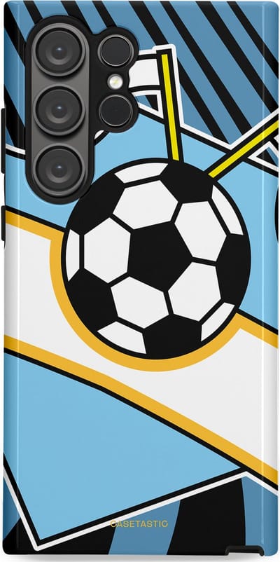 Casetastic hoesje geschikt voor Samsung Galaxy S23 Ultra - Dubbellaagse bescherming - Kampioensbal - Fashion Case - Lichtblauw Zwart Wit