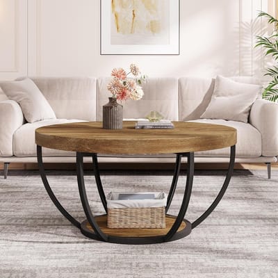 Ronde salontafel - Middentafel bijzettafel - Woonkamer kantoor - Dubbele opbergplanken - 80x80x45 cm - Lichtbruin
